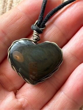 Heart Pendant Necklace - Black Cord with Dark green agate Iridescent Heart
